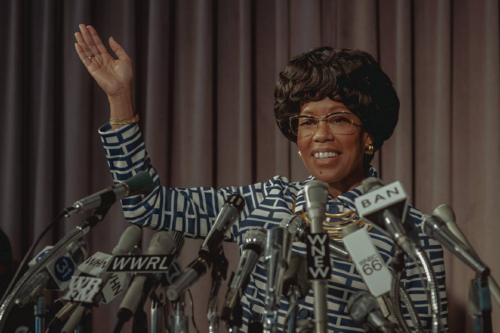 Regina King as Shirley Chisholm in the film "Shirley" waves during a press conference